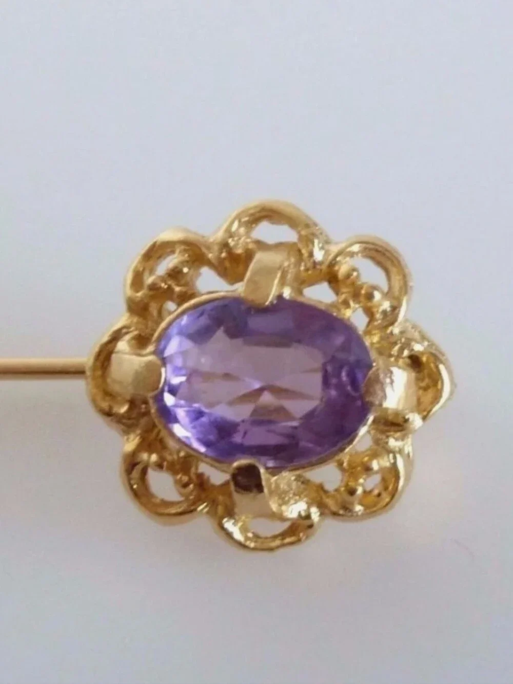 Vintage Genuine Amethyst Purple Flower Gold Tone Metal Stick Pin Brooch 1950's
